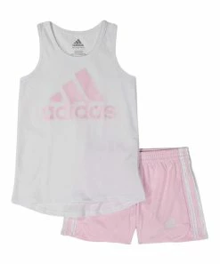 Hot Sale โจ Adidas White Logo Tank & Light Pink Shorts - Toddler & ๐ง Girls For Kids ๐