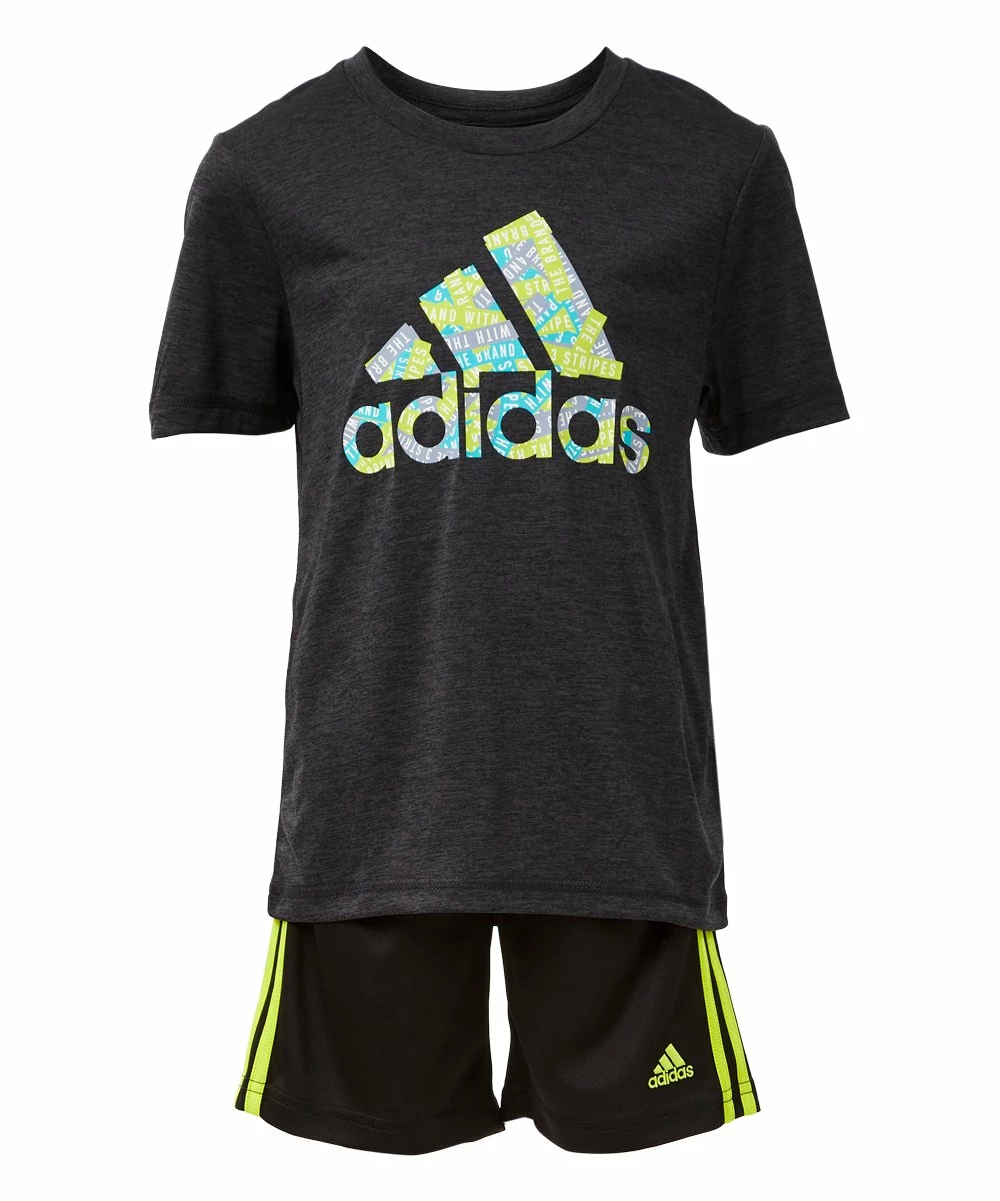 Deals 😀 Adidas Black & Lime Green Stripe & Mountain Logo Tee & Short Set - Boys For Kids 🛒 1 Deals 😀 Adidas Black & Lime Green Stripe & Mountain Logo Tee & Short Set - Boys For Kids 🛒