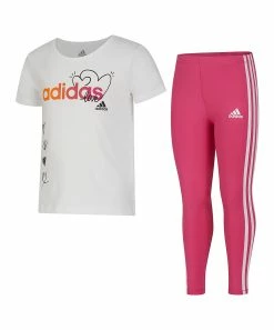 Coupon 🥰 Adidas White Logo Crewneck Tee & Pink Leggings - Toddler & 👧 Girls For Kids 🤩