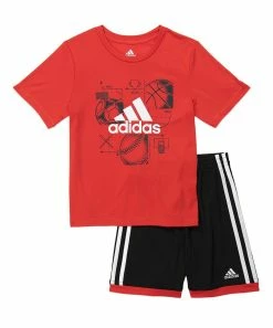 Cheap 🎁 Adidas Vivid Red Logo Crewneck Tee & Black Shorts - Toddler & Boys For Kids 🛒