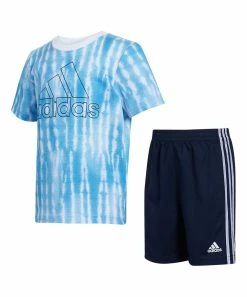 Best Pirce ๐ Adidas Sky Rush & White Tie-Dye Logo Crewneck Tee & Navy Stripe Shorts - Toddler & Boys For Kids ๐
