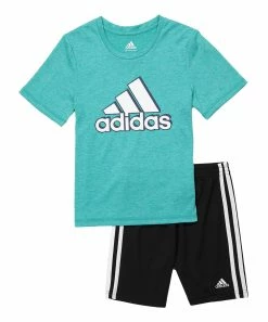 Brand new โจ Adidas Heather Mint Logo Tee & Black Shorts - Boys For Kids ๐