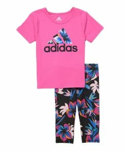 Best Sale ๐ Adidas Pink & Black Floral Logo Tee & Capri Leggings Set - ๐ง Girls For Kids ๐