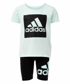 Best deal 🤩 Adidas Ice Mint & Black Mountain Logo Tee & Biker Short Set - Toddler & 👧 Girls For Kids 💯