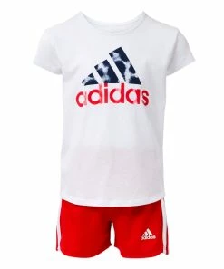 Coupon 🤩 Adidas White & Red Stripe & Mountain Logo Tee & Short Set - 👧 Girls For Kids 👏