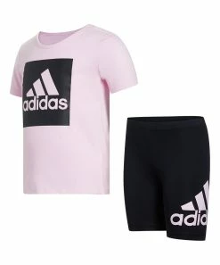 Best deal 🎉 Adidas Light Pink Logo Crewneck Tee & Black Logo Bike Shorts - Toddler & 👧 Girls For Kids ✔️
