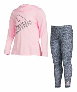 Best deal 👏 Adidas Pink Logo Ruffle Hooded Long-Sleeve Top & Gray Heather Leggings - Toddler & 👧 Girls For Kids 🎁