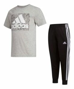 Promo ⭐ Adidas Gray Cartoon Logo Crewneck Tee & Black Signature Stripe Joggers - Boys For Kids 🥰