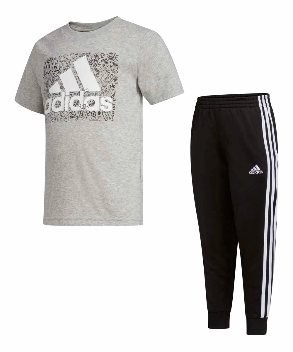 Promo ⭐ Adidas Gray Cartoon Logo Crewneck Tee & Black Signature Stripe Joggers - Boys For Kids 🥰 1 Promo ⭐ Adidas Gray Cartoon Logo Crewneck Tee & Black Signature Stripe Joggers - Boys For Kids 🥰