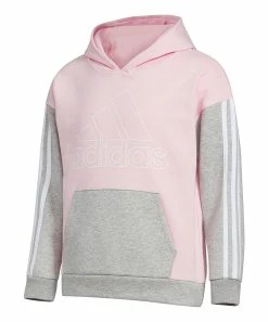 Promo 🥰 Adidas Medium Pink & Gray Color Block Logo Pullover Hoodie - 👧 Girls For Kids 😀