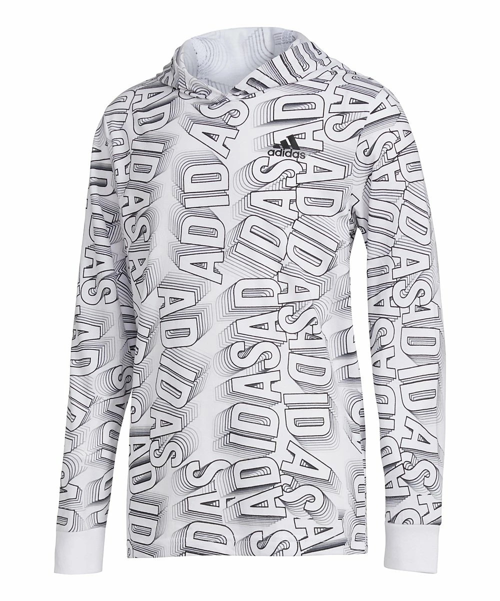 Buy โค๏ธ Adidas White & Gray Allover Logo Hooded Long-Sleeve Tee - Boys For Kids โ๏ธ