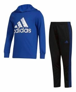 New 👍 Adidas Blue Logo Hoodie & Black & Blue Signature Stripe Track Pants - Toddler & Boys For Kids 👏