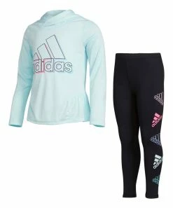 Buy 🌟 Adidas Alms Blue Logo Ruffle Hooded Long-Sleeve Top & Black Leggings - 👧 Girls For Kids 🔥