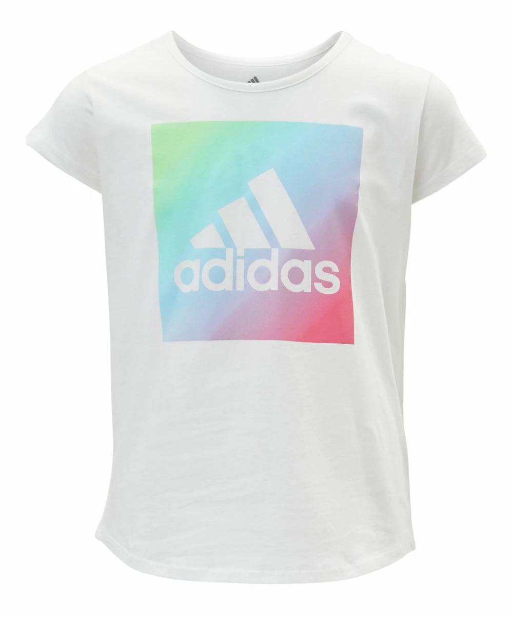 New ⭐ Adidas White & Blue 'Adidas' Square Logo Tee - 👧 Girls For Kids 💯
