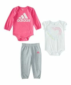 Cheap ✨ Adidas Pink & White Logo Long-Sleeve Bodysuit Set - Infant For Baby & Maternity ✔️