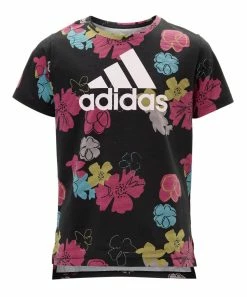 Buy ⌛ Adidas Black & Pink Floral 'Adidas' Logo Tee - 👧 Girls For Kids 🤩