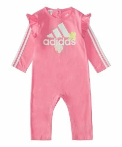 Hot Sale 😍 Adidas Pink & White Stripe Logo Flutter-Accent Playsuit - Infant For Baby & Maternity ⌛