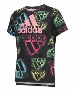 Promo ✨ Adidas Black & Pink Spray-Paint Logo Boxy Crewneck Tee - 👧 Girls For Kids 🥰