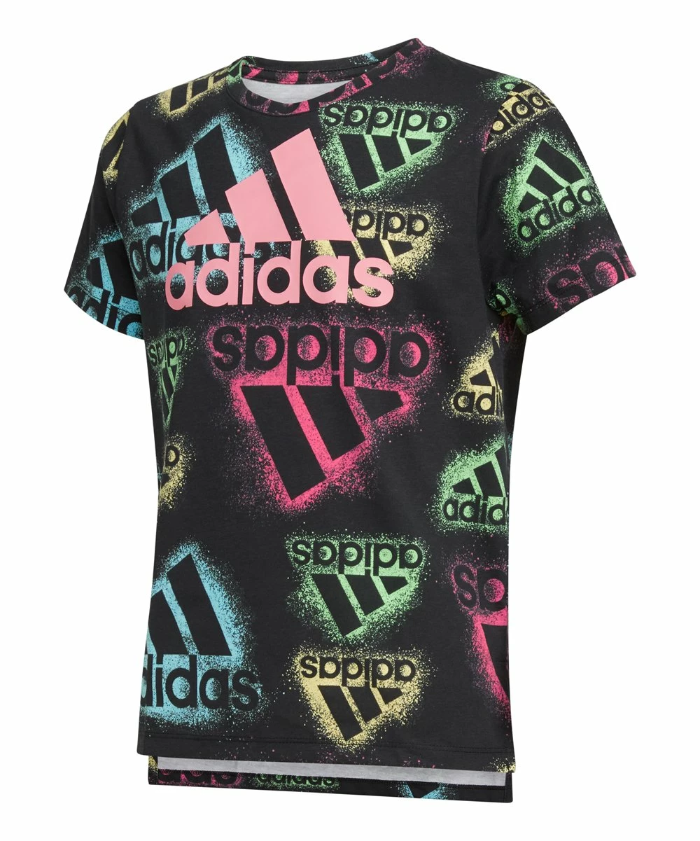 Promo ✨ Adidas Black & Pink Spray-Paint Logo Boxy Crewneck Tee - 👧 Girls For Kids 🥰