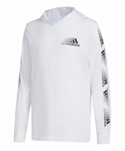 Cheapest 🤩 Adidas White & Black Logo Hooded Long-Sleeve Tee - Boys For Kids ⭐